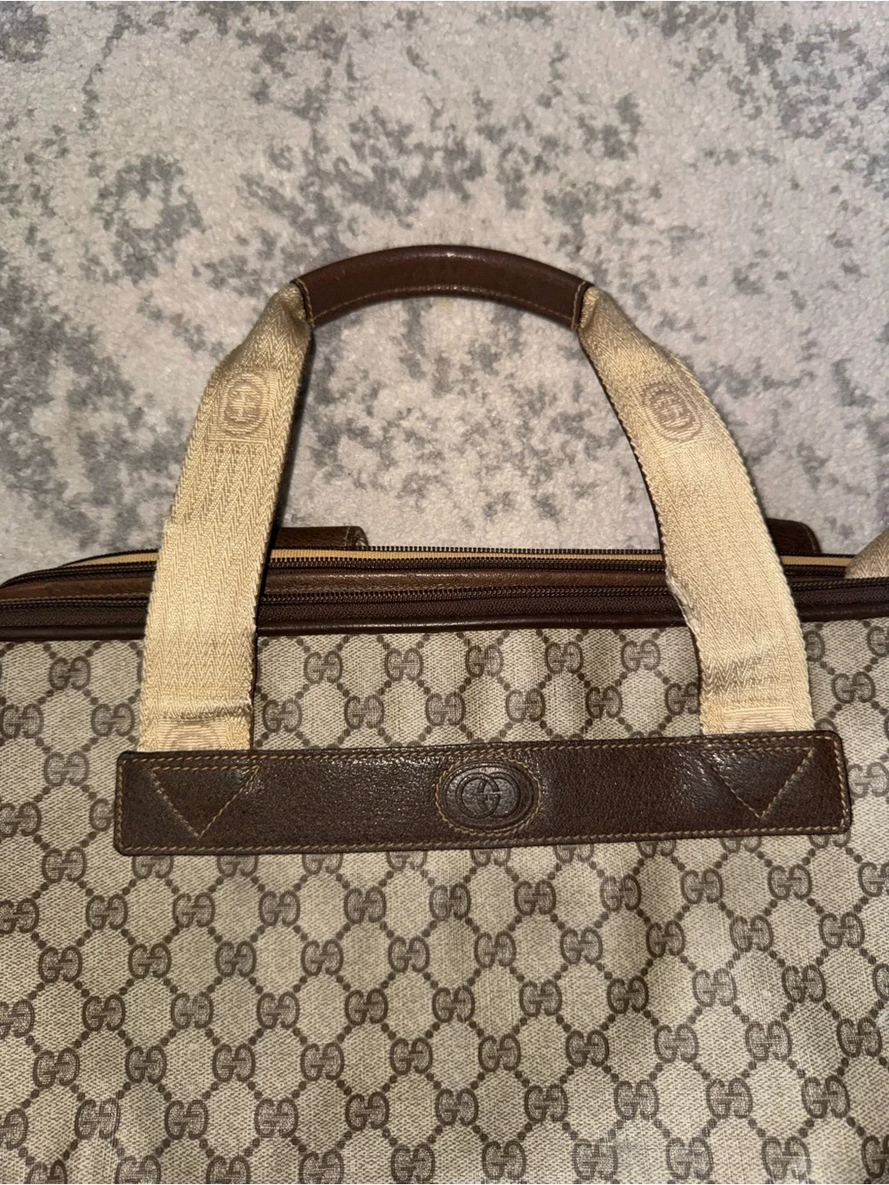 Vintage Gucci Beige Monogram Travel Bag with Brown Trim